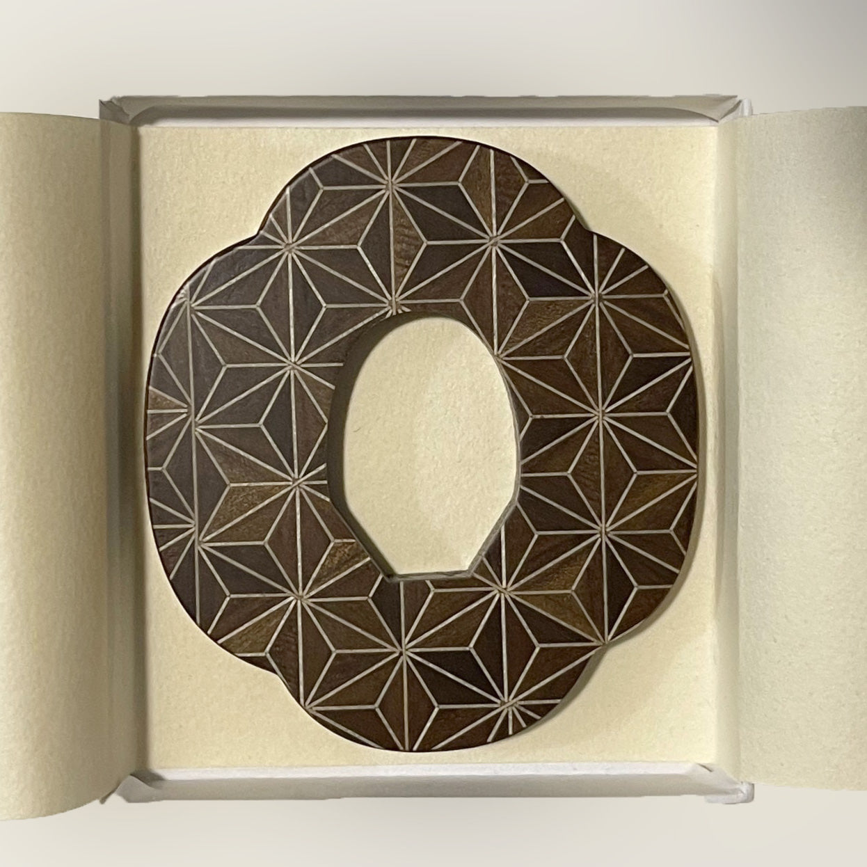Wooden 'YOSEGI' Bokuto Tsuba (Brown Asanoha)